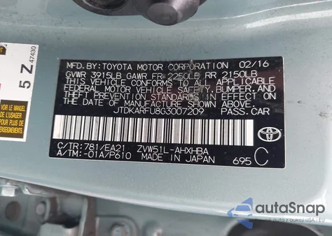 2016 Toyota Prius Three Touring z USA, uszkodzony, nr VIN JTDKARFU8G3007209